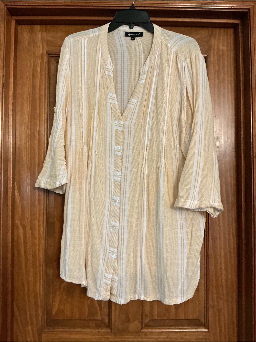IC COLLECTION Cream and White Striped Button-Down Women's Tunic